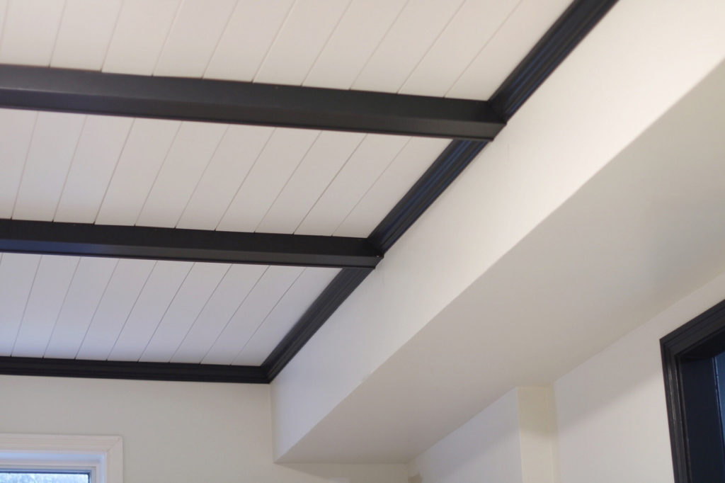 shiplap ceiling with sherwin williams inkwell painted trim