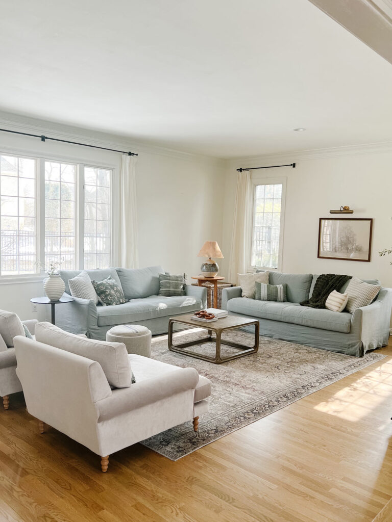 White oak hardwood floors in family room.