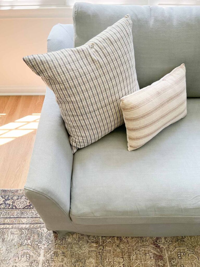 ikea farlov sofa with blue linen bemz slipcover and pillows