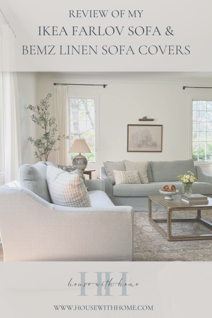 ikea farlov sofas in a family room with text overlay saying "review of my ikea farlov sofa & bemz linen sofa covers"