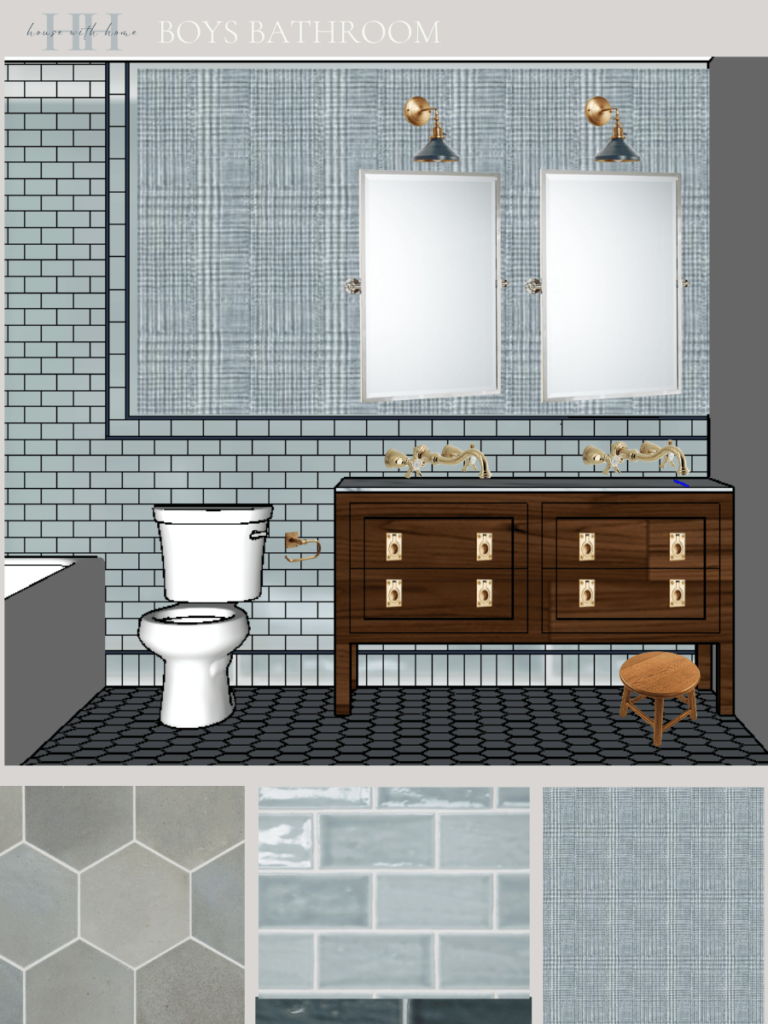 a design rendering of a small bathroom with a walnut wood vanity, wall mount faucets, and blue tile