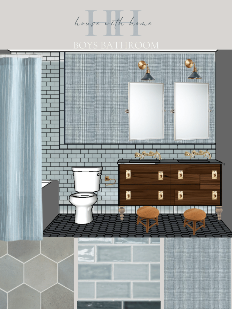 a design rendering of a small bathroom with a walnut wood vanity, wall mount faucets, and blue tile