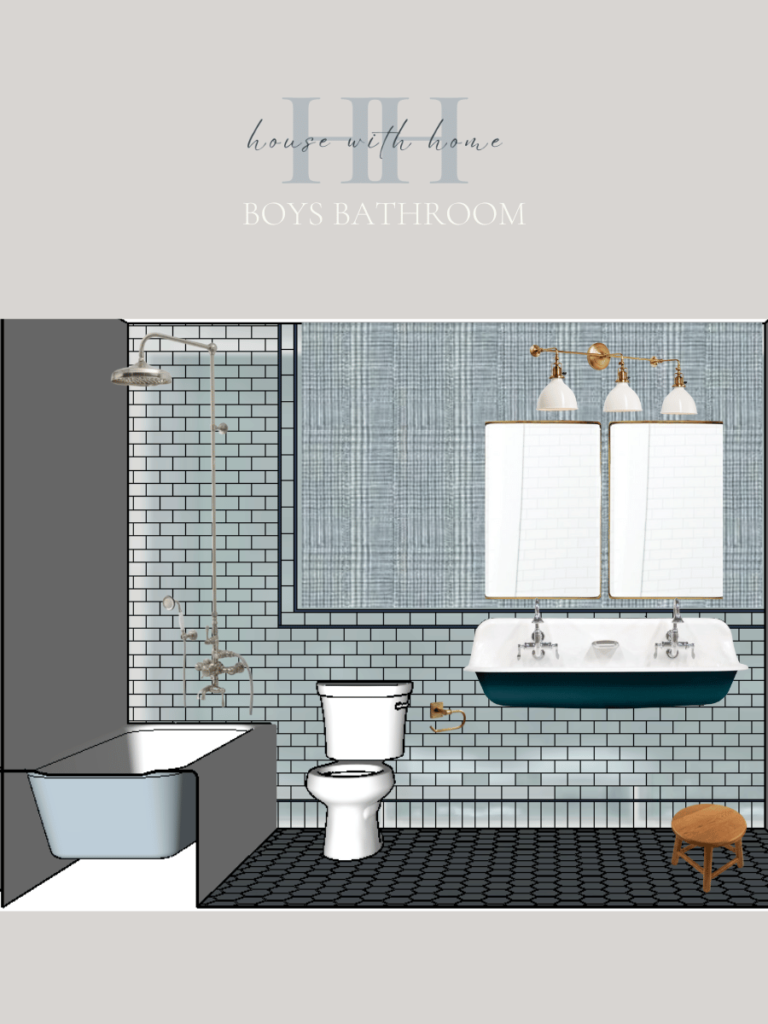 a design rendering of a small bathroom with a wall mount basin sink, wall mount faucets, and blue tile