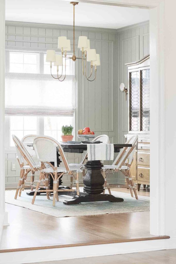 White oak hardwood floors in a dining room. 